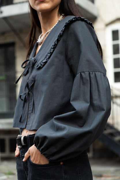 Puff and Pencil Tie Blouse with Lantern Sleeves