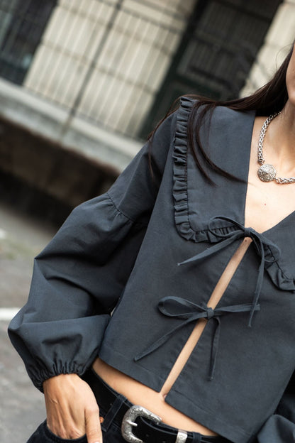 Puff and Pencil Tie Blouse with Lantern Sleeves